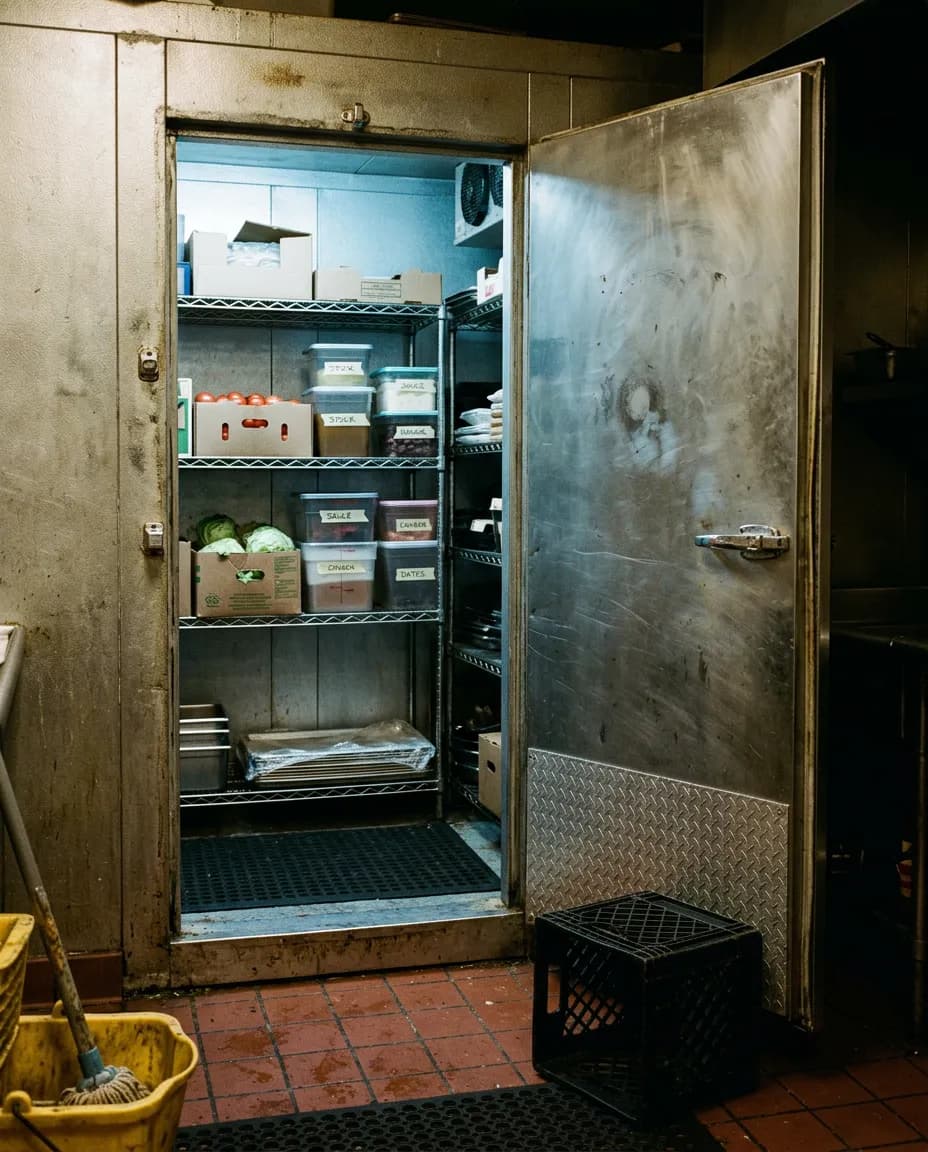 Generated image of a worn stainless steel walk-in cooler door standing open in a restaurant kitchen at night